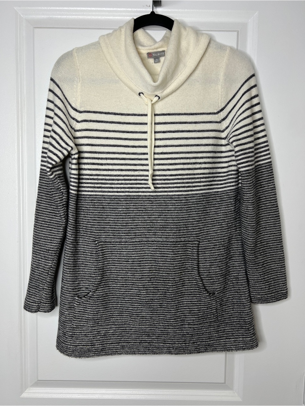 Talbots Petite S Black Cream Striped Cowl Neck Pocket Sweater LambsWool Blend